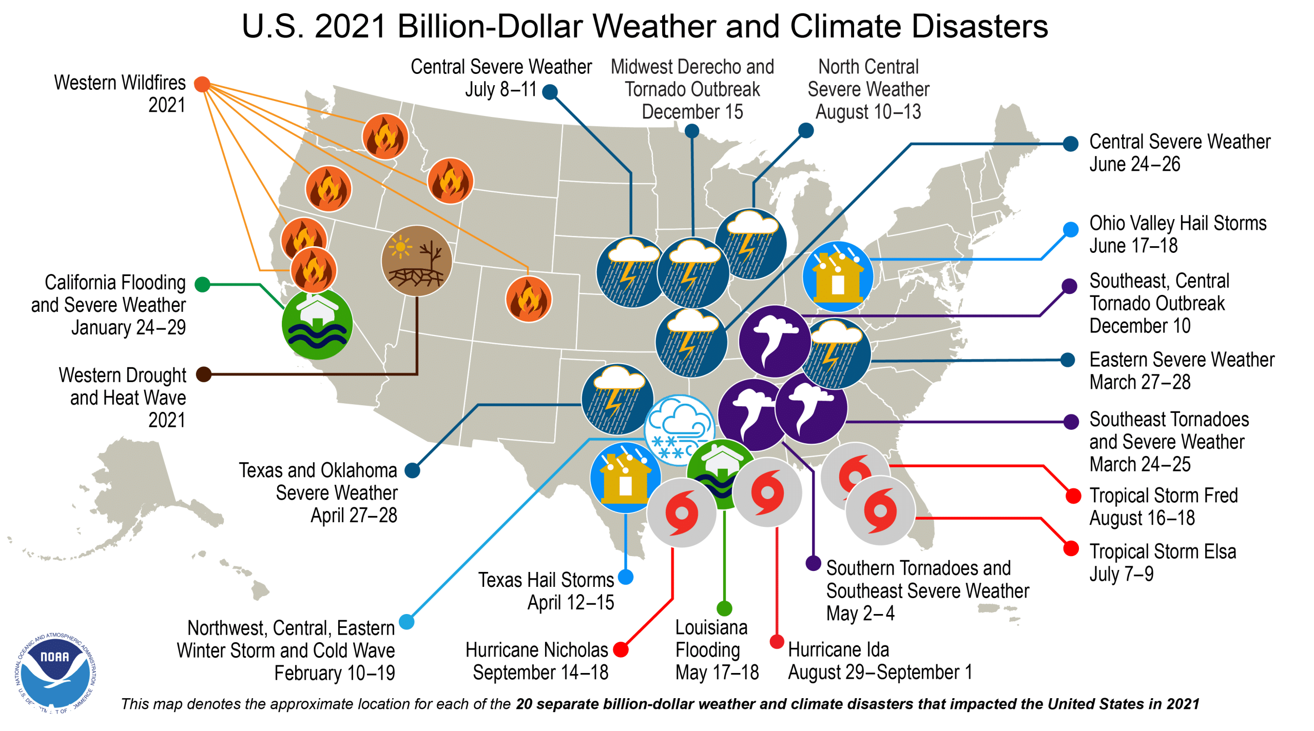 A map of the United States plotted with significant climate events that occurred throughout 2021.